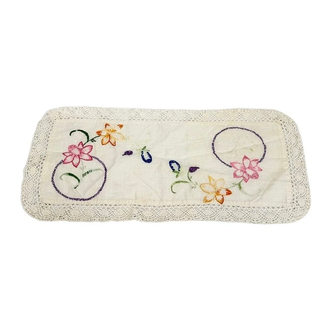 Vintage Hand Embroidered Small Table Runner Dresser Scarf Floral Lace **READ